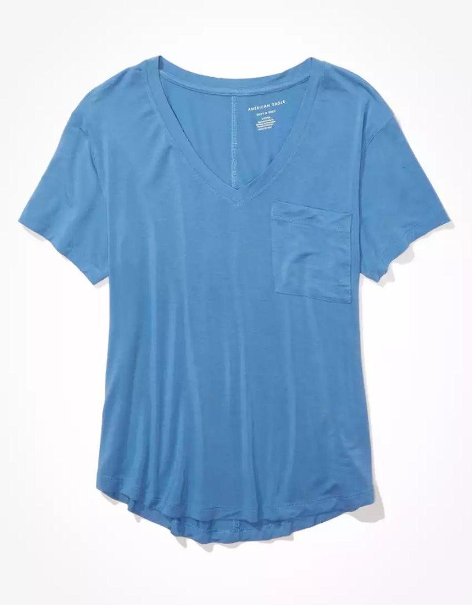 T Shirts American Eagle AE Soft & Sexy V-Neck Pocket Tee Bleu Femme | PUU-68579056